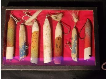 Beautiful Displayed Set Of 7 Vintage Wooden Fishing Lures