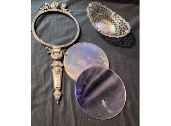 Antique Hand Mirror & Dish (? Silver)