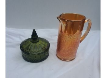 Vintage Green Glass Dish & Carnival Glass Pitcher