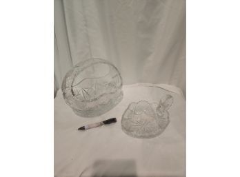 Beautiful Large Handled Crystal Bowl & Smaller Swan Plate