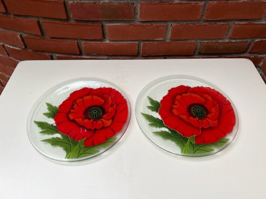 Pair Of Glass Plates With Bright Flowers