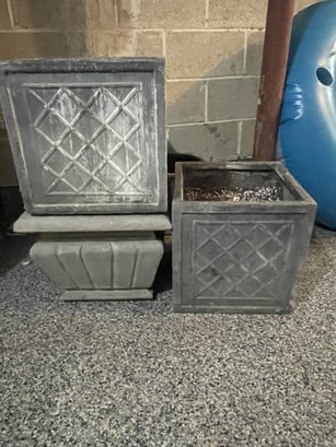 Pair Of Square Planters And One Low Cement Planter
