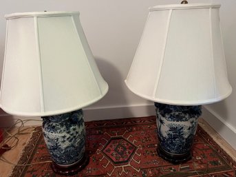 Pair Of Blue Porcelain Lamps With The Shades