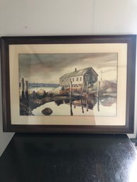 Framed Watercolor On Paper Northeast Nautical Scene