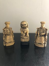 2 Chinese Dynasty Figures And 1 Foo Dog Celluloid Ivory Appearance