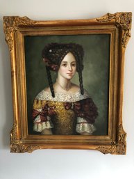 Beautiful Oil On Canvas Of Lady Presented In Gold Gilt Frame
