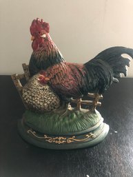 Vintage Cast Iron Rooster And Hen Door Stop Farm Scene