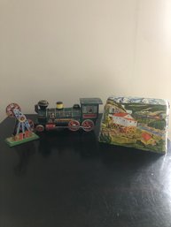 Three Tin Toys  Ferris Wheel Locomotive Train Tunnel Marx & Co