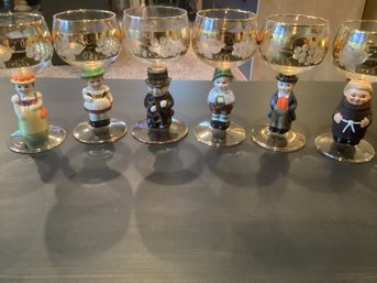 Set Of 6 Vintage Goebel Hummel Figurine Cordial Wine Glasses 14K Gold Gilding
