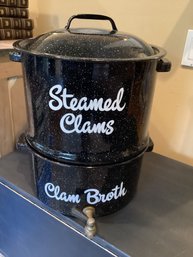 Vintage Speckled Enamel Double Steam Clam Pot With Spigot