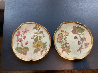 Two Royal Worcester Porcelain Leaf Shape Plates Handpainted England