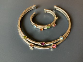 Necklace And Bracelet Set Silver Tone  With Multi Colored  Stones
