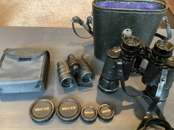 Vintage Wuest H-19 Binoculars With Case Plus Smaller Pair By Suncoast With Case