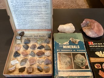 Small Collection Minerals And Rocks In Box And 2 Books
