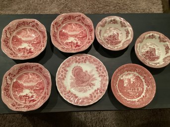 Small Collection Of Red And White Ceramic Bowls And Plate