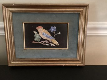 Bird Mosaic Picture Signed Gold Tone Frame