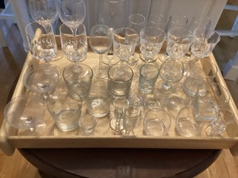 Large Wooden Tray With Beverage Glasses, Barware