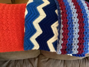 Three Handmade Small Blankets Knit Crochet