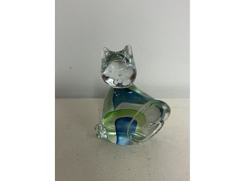 Murano Art Glass Cat With Green And Blue