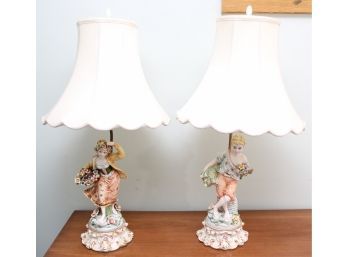 Pair Of Vintage Hand Painted Porcelain Table Lamps (tested And Working)