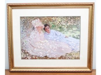 Two Women In A Garden Gold Framed Print By Claude Monet