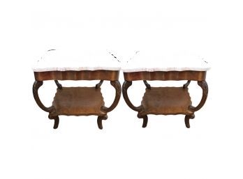 Pair Of Vintage Hand Carved Side Tables With Marble Top