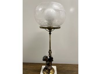 Vintage Figural Brass Table Lamp With Etched Glass Shade & Marble Base