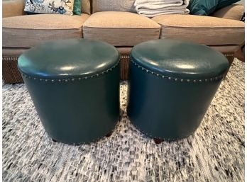 Pair Of Blue Leather Ottomans