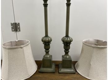 Pair Of Green Painted Table Lamps With Shades