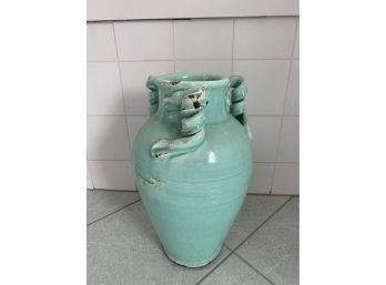 Vintage Tall Coastal Blue Pottery Vase With Swirled Handles