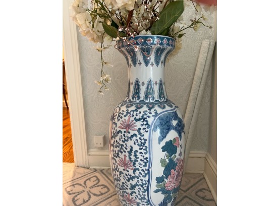 Large Blue And Floral Urn With Faux Flowers