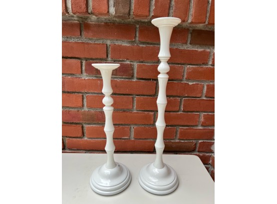 Pair Of Glossy Metal White Candlesticks