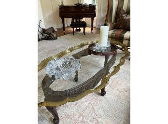 Brass And Glass Coffee Table With A Wood Frame Base