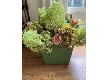 Green Metal Planter With Faux Hydrangea