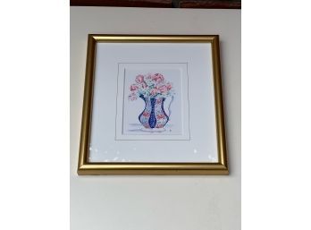 Pretty Framed Piece With A Pitcher Filled With Flowers - Gold Frame