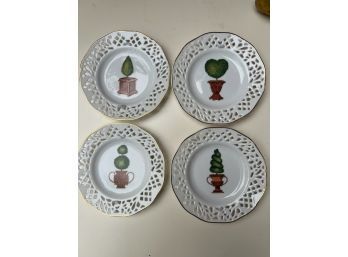 Set Of 4 Small White Plates With Topiaries