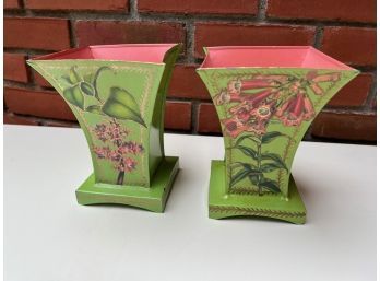 Pair Of Brightly Painted Metal Cachepots
