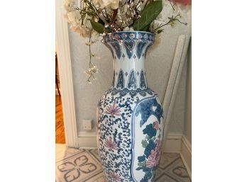 Large Blue And Floral Urn With Faux Flowers
