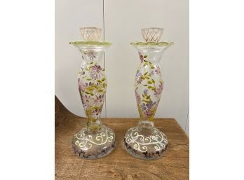Pair Of Painted Glass Candlesticks