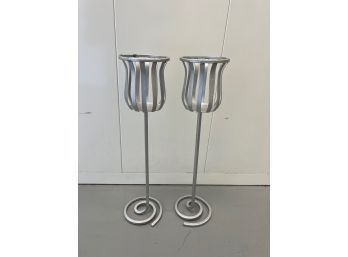 Pair Of Tall Silver Metal Candle Holders