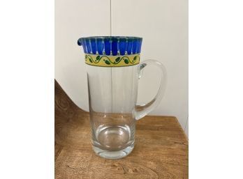 Glass Pitcher With Blue And Yellow