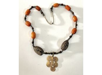 Brass Pendant Necklace With Orange Beads