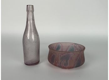Purple Art Glass Bowl And Bottle