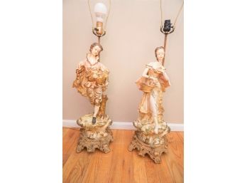 Pair Of Gorgeous Ceramic Sculpture Lamps (one Works)