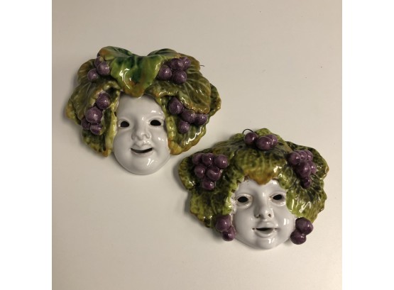 Pair Of Italian Ceramic Wall Mask Face With Leaves & Grapes/Olives