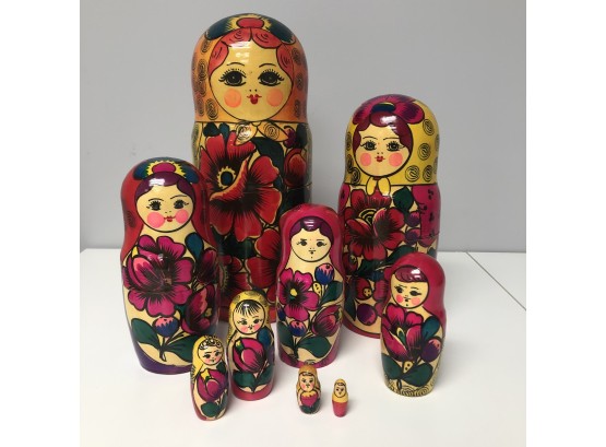 Set Of 9 Traditional Wooden Russian Nesting Dolls 12.5'tall