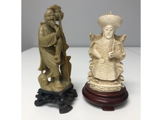 2 Carved Chinese Figurines Soapstone And Resin Hong Kong