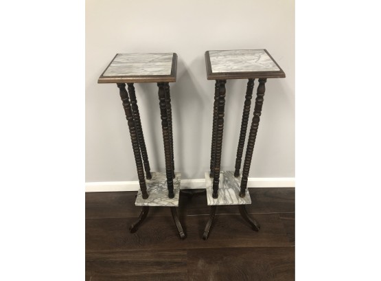 Pair Of Marble & Wood Tall Pedestal End Table