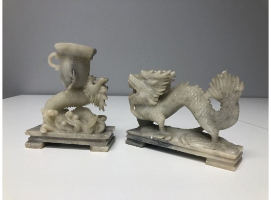 2 Soapstone Dragons Figurine Carving Chinese