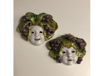 Pair Of Italian Ceramic Wall Mask Face With Leaves & Grapes/Olives